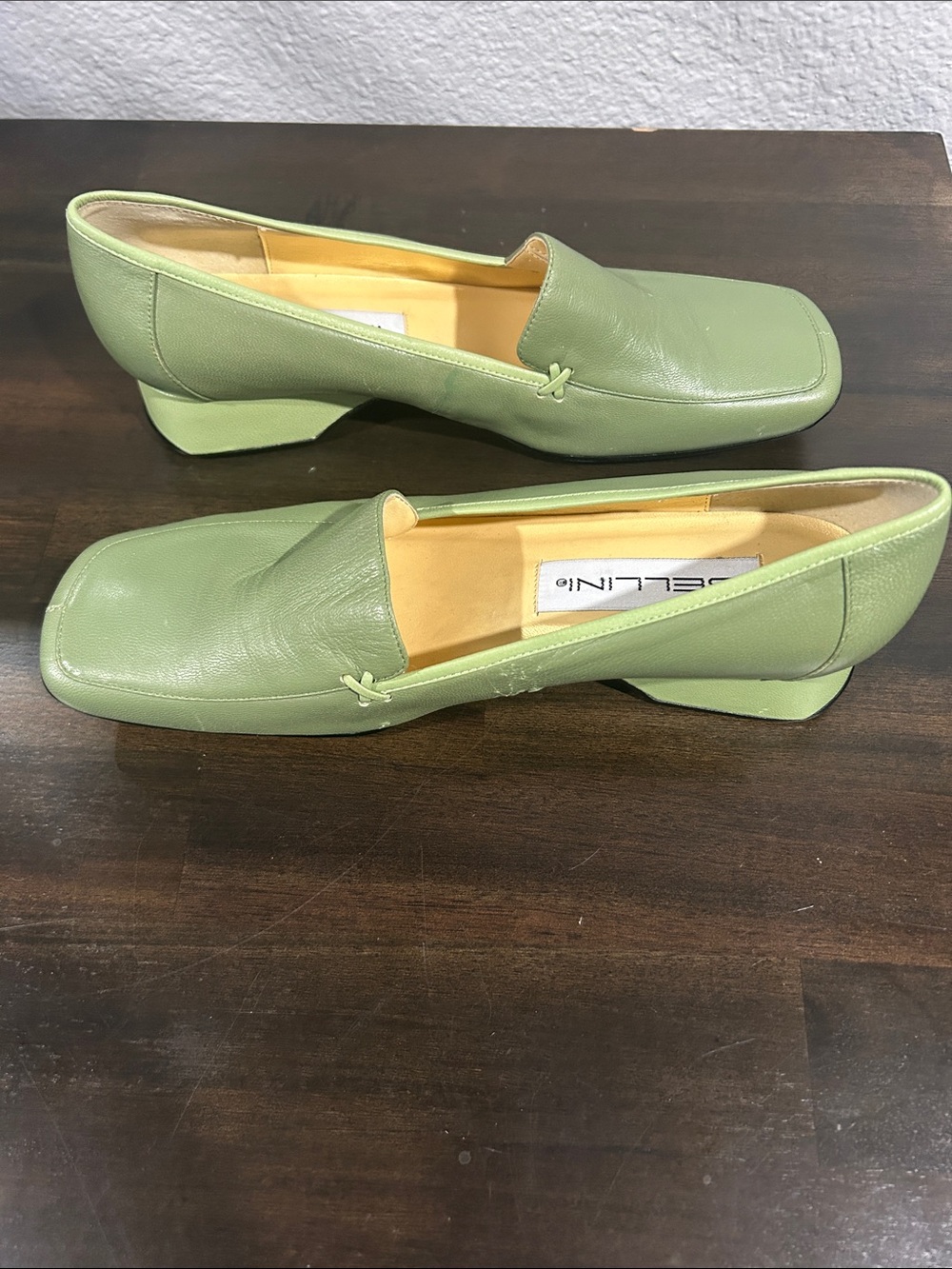 Bellini Light Green Square-Toe Leather Loafers